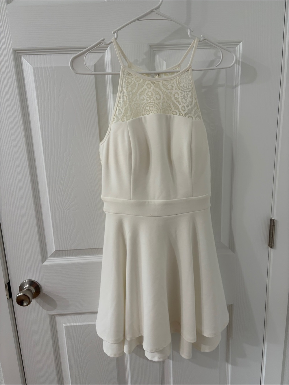 Emerald Sundae Ivory Lace Halter Mini Dress